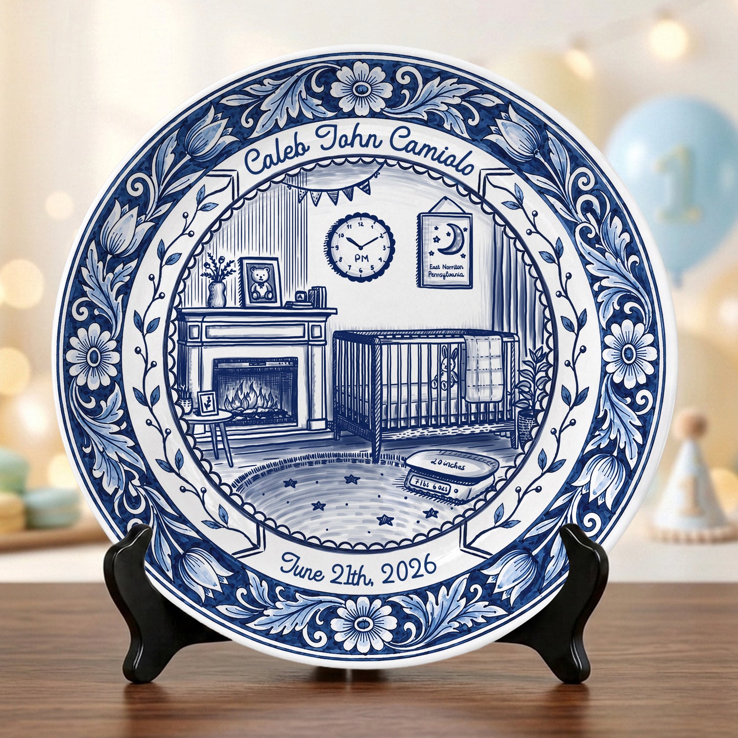 Delft Blue Newborn Birth Stats Custom Keepsake Personalized Birthday Plate P820UMN0
