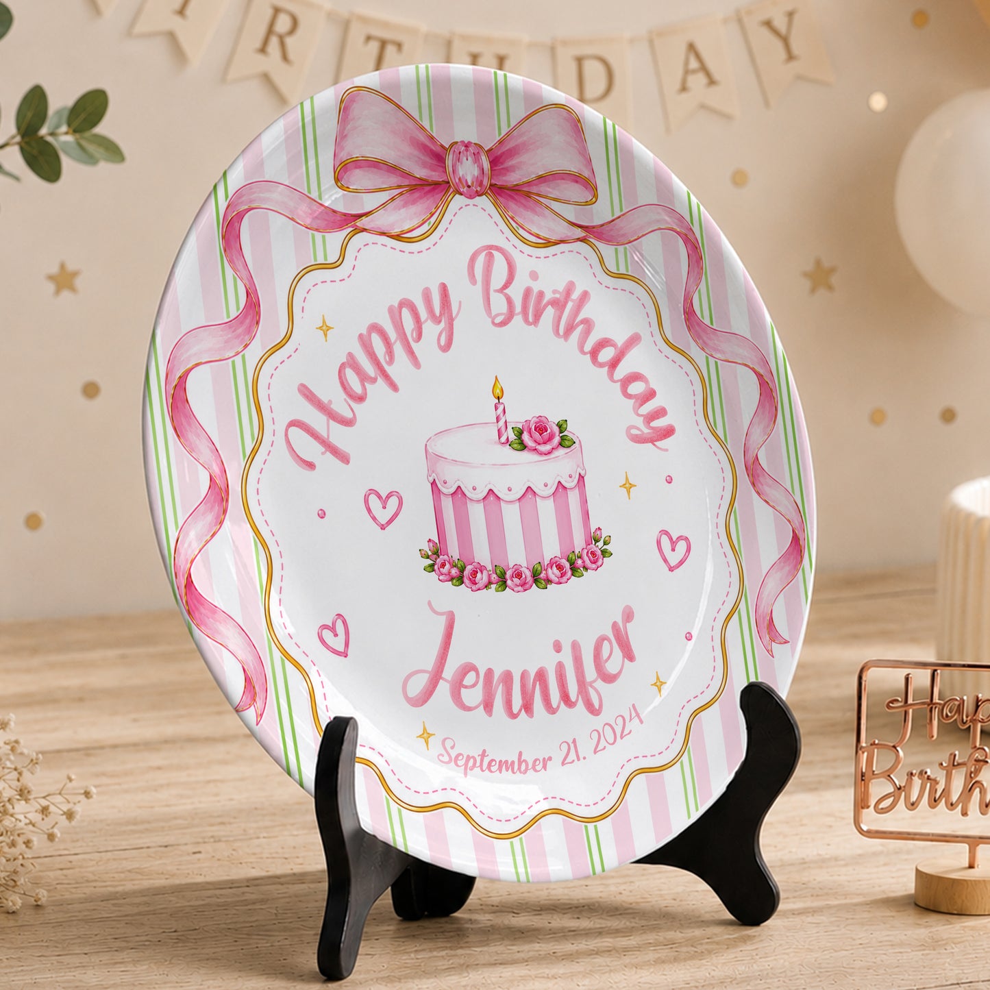 Pink Bow Personalized Birthday Plate for Girls, Custom Birthday Keepsake Gift P730PBN0