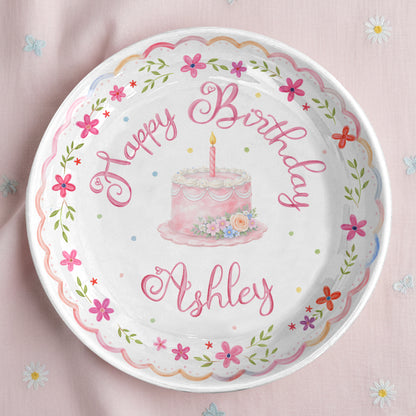 Pink Floral Scallop Personalized Birthday Plate P226GZM0
