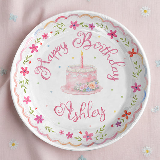 Pink Floral Scallop Personalized Birthday Plate P226GZM0