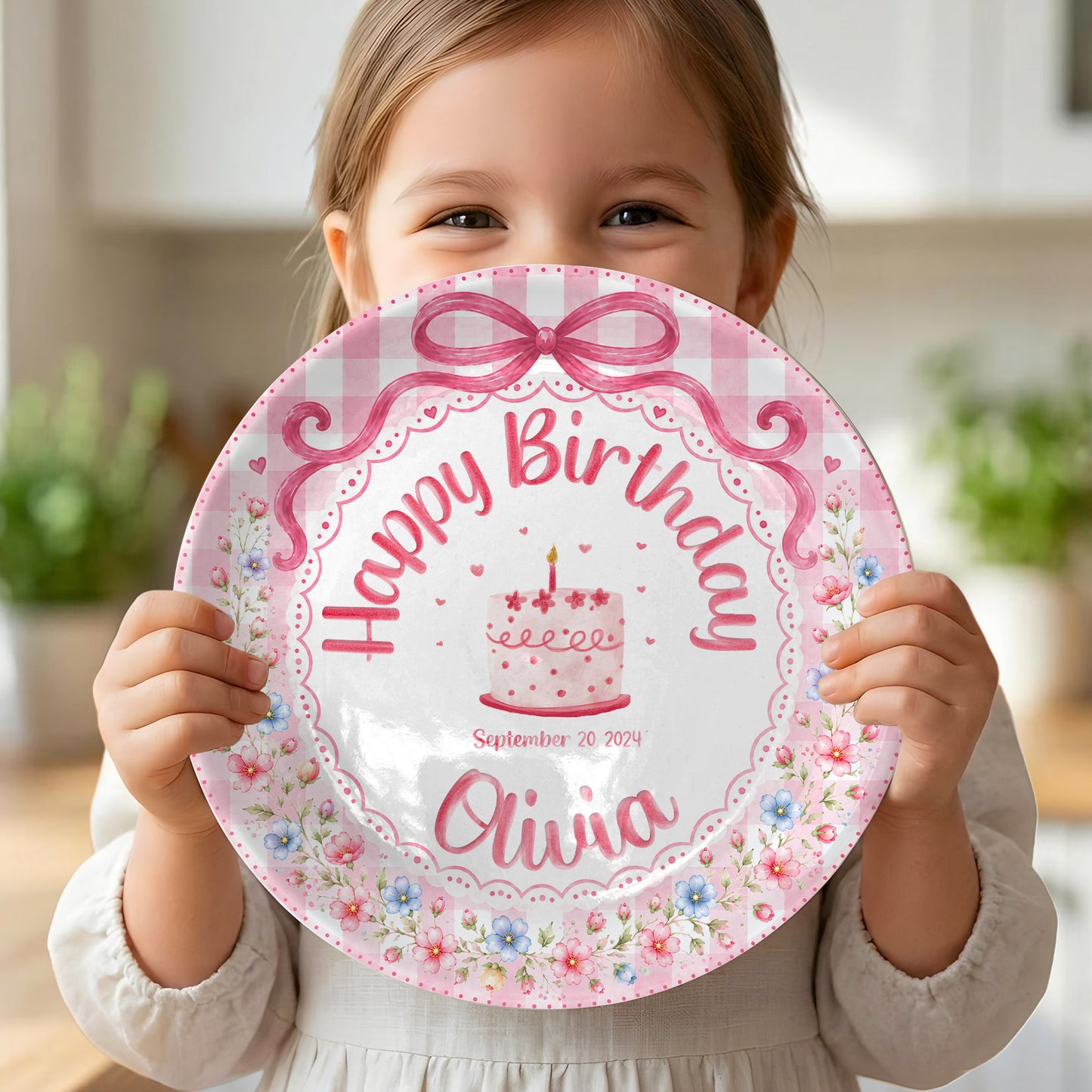 Pink Gingham Floral Bow Cake Personalized Birthday Plate for Girls P520UDC0