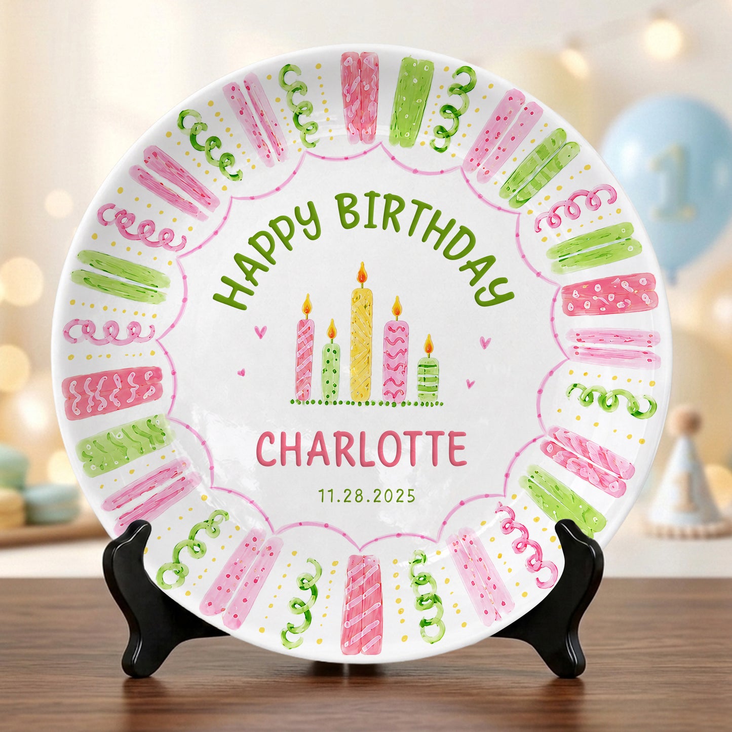 Colorful Pink Green Candle Design Personalized Birthday Plate for Kids P814XTQ0