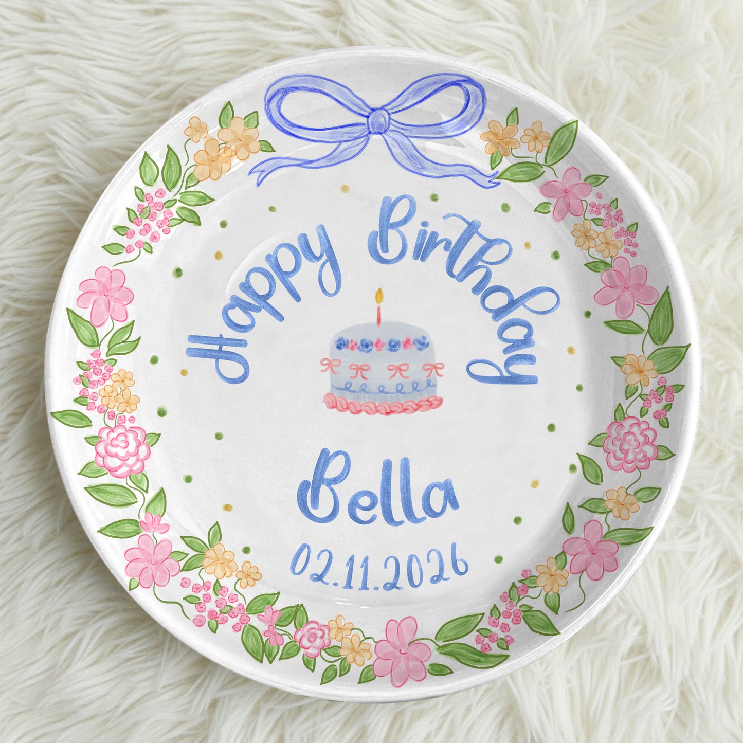 Blue Bow Flower Border Personalized Birthday Plate P311I7Y0