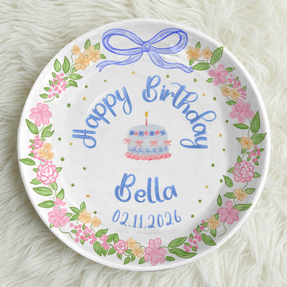 Blue Bow Flower Border Personalized Birthday Plate P311I7Y0