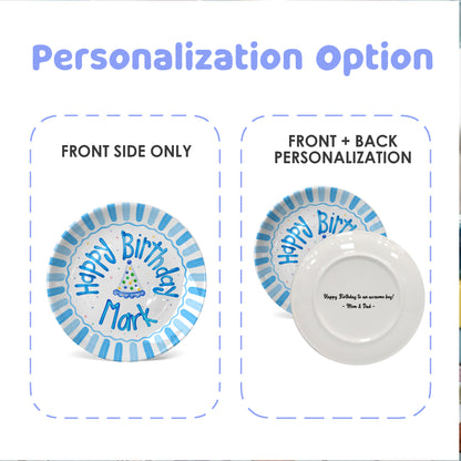 Blue Border and Confetti Party Hat Personalized Birthday Plate P314QKG0