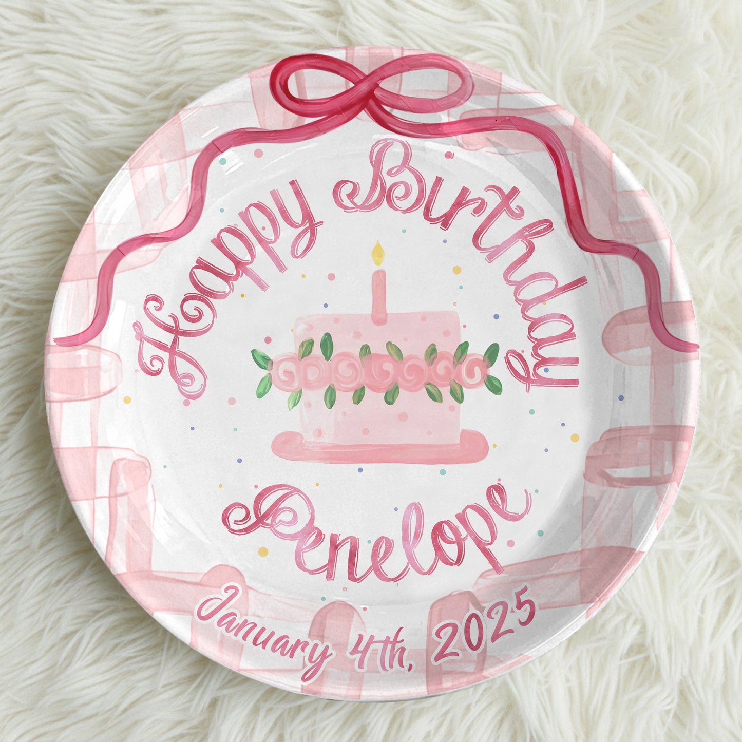 Pink Bow and Floral Cake Personalized Birthday Plate P9309RT0