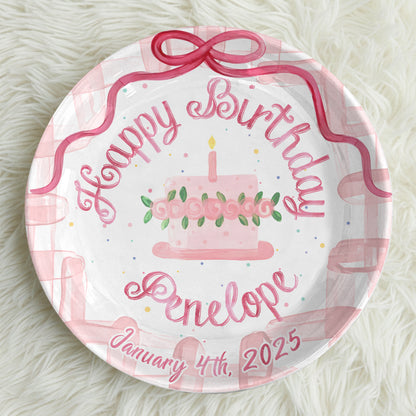 Pink Bow and Floral Cake Personalized Birthday Plate P9309RT0