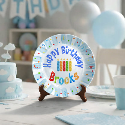 Colorful Candles with Blue Confetti Border Personalized Birthday Plate P23GWI0