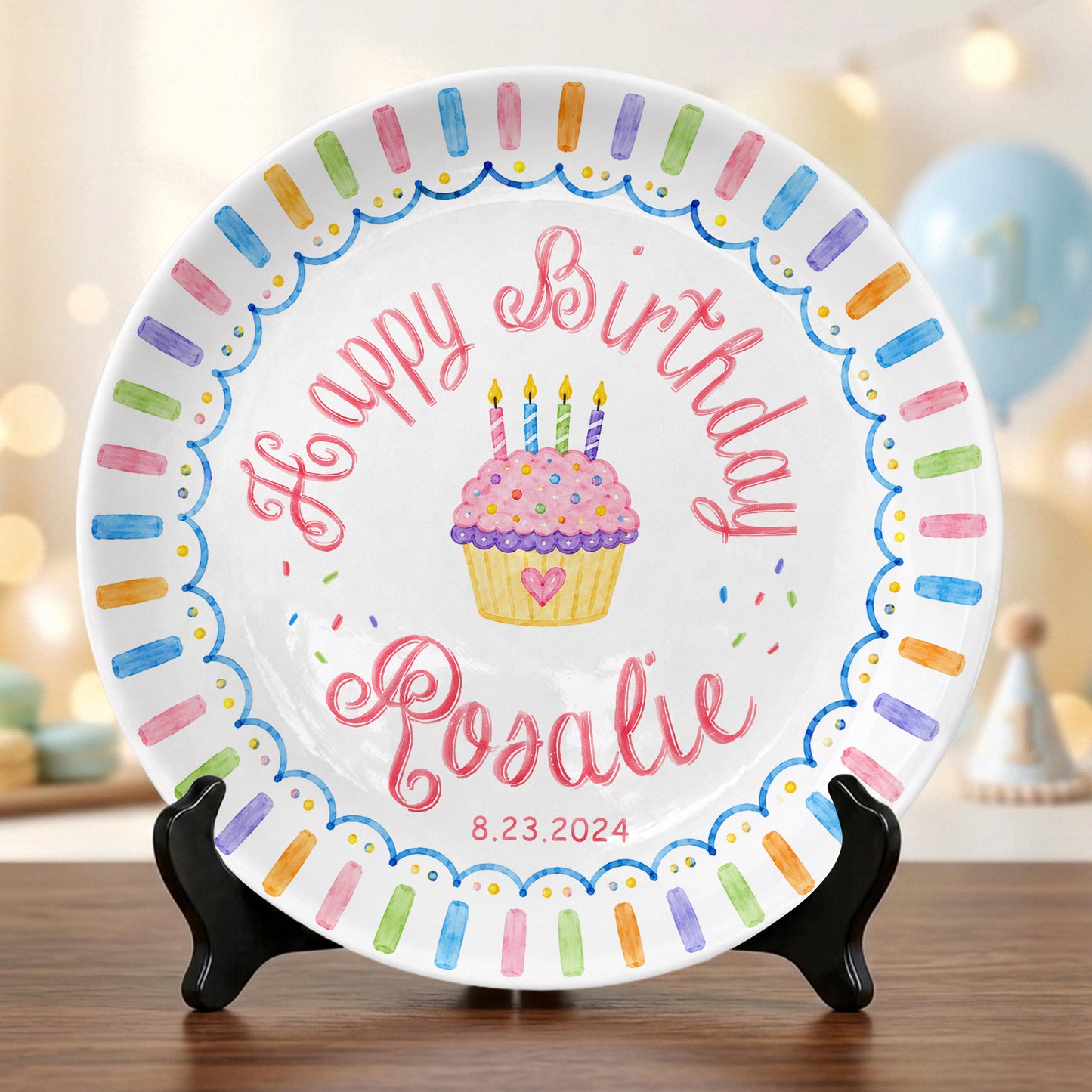 Colorful Cupcake Personalized Birthday Plate for Kids First Birthday Gift P814R8W0