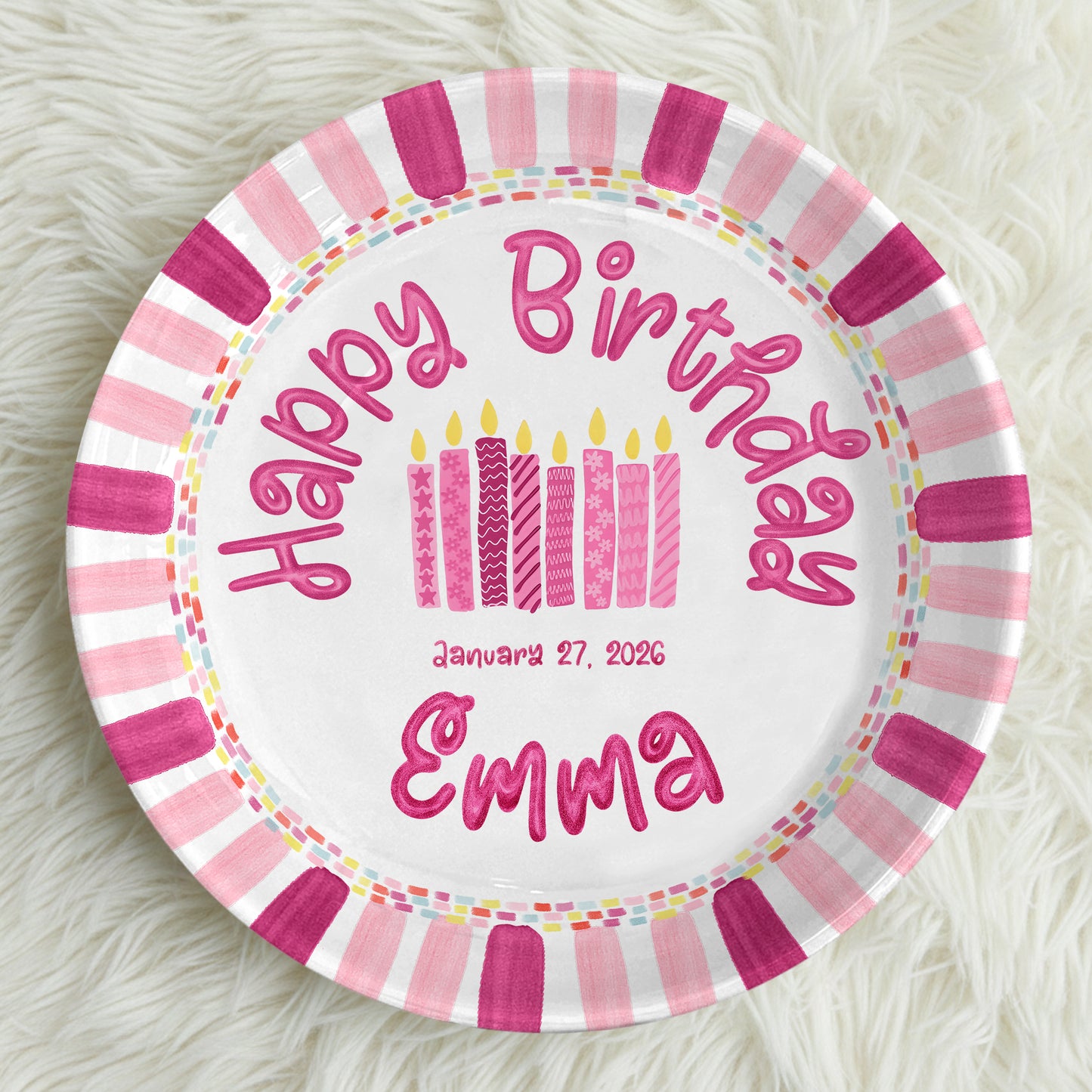 Pink Stripe Candle Personalized Birthday Plate P29F6C0