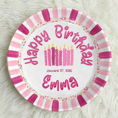 Pink Stripe Candle Personalized Birthday Plate P29F6C0