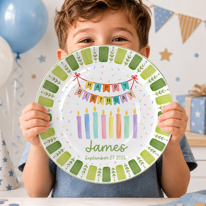 Green Striped Leaf Border with Birthday Banner and Colorful Candles Personalized Birthday Plate P66QSJ0