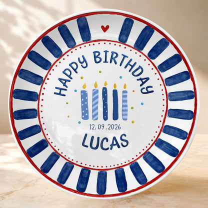 Blue Striped Birthday Candles Personalized Birthday Plate P626KF7TT