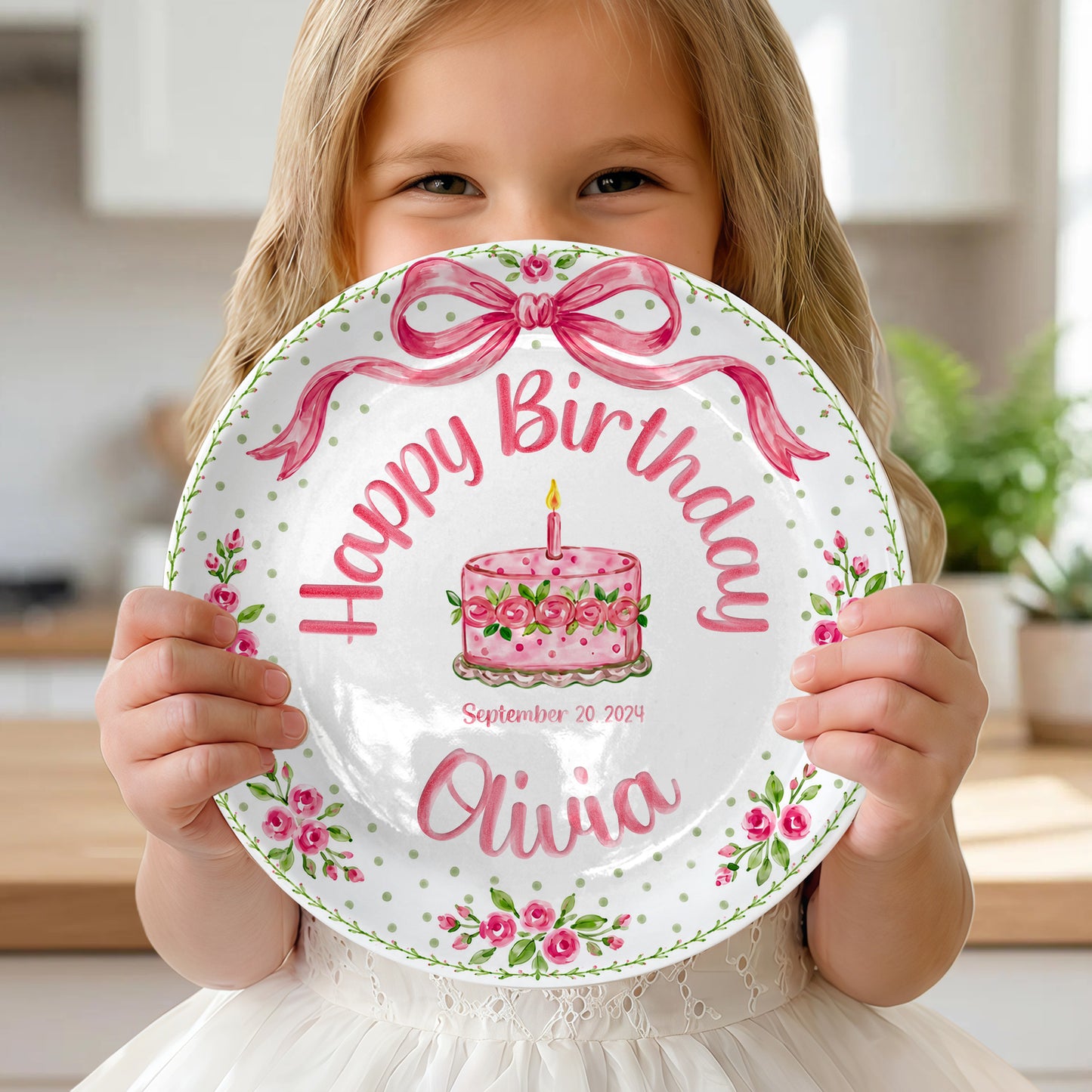Pink Bow Rose Cake Personalized Birthday Plate P520QZN0