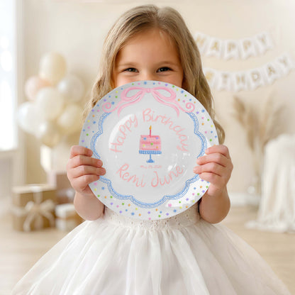 Pink Bow with Tiny Flower Border Personalized Birthday Plate P41A4U0