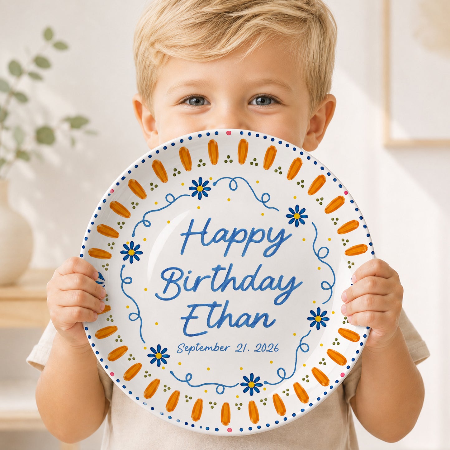 Orange Sunburst Border with Blue Flowers Personalized Birthday Plate P626HW0