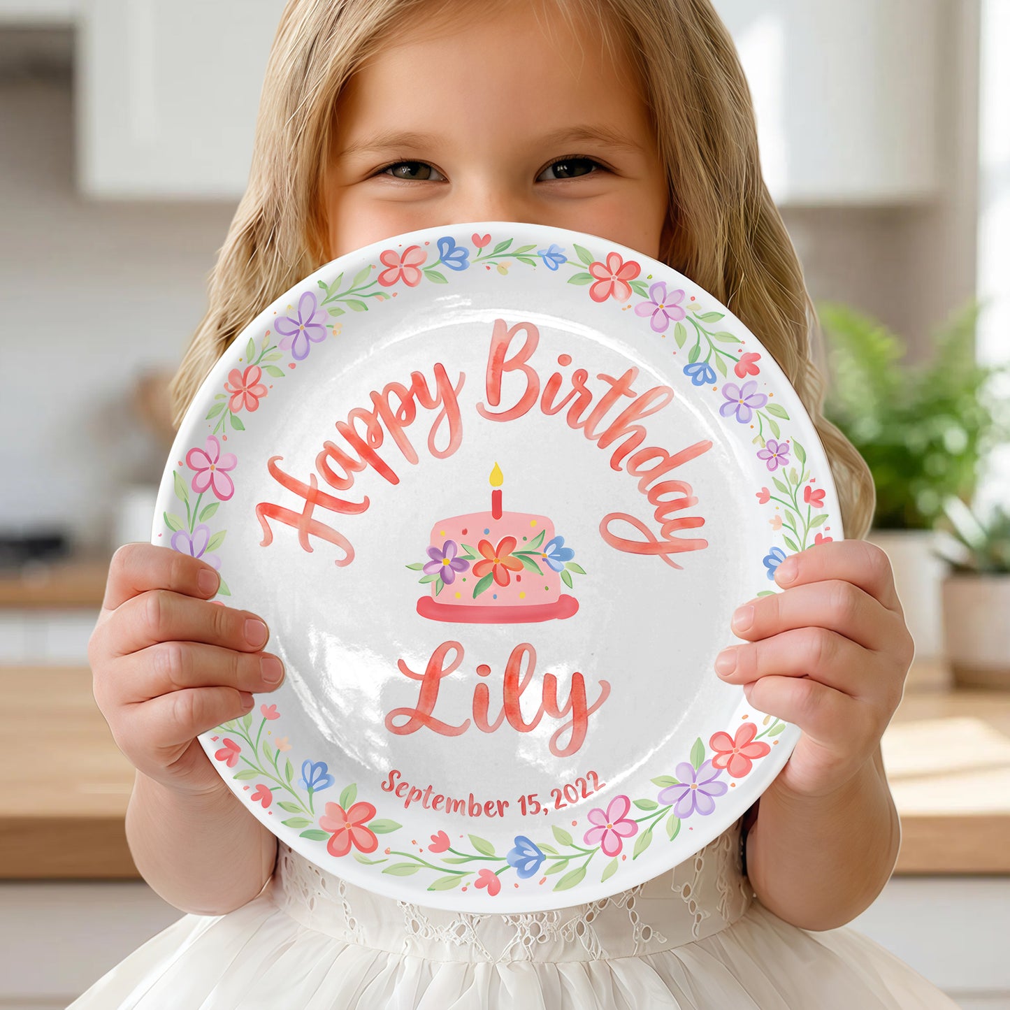 Floral Wreath with Pink Birthday Cake Personalized Birthday Plate P415Q5C0