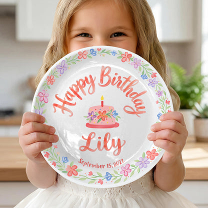 Floral Wreath with Pink Birthday Cake Personalized Birthday Plate P415Q5C0