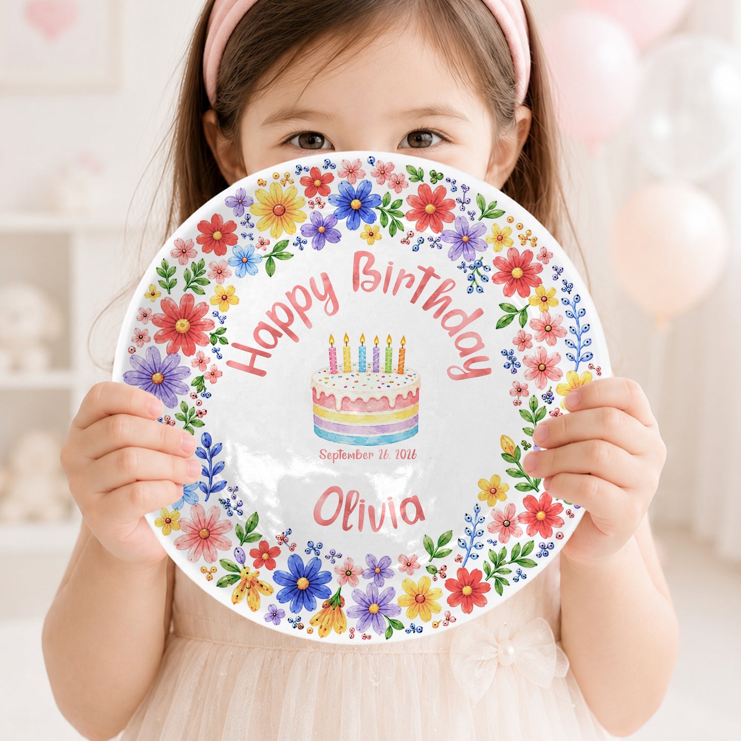 Custom Name Floral Birthday Cake Personalized Birthday Plate for Kids P619KWJ0