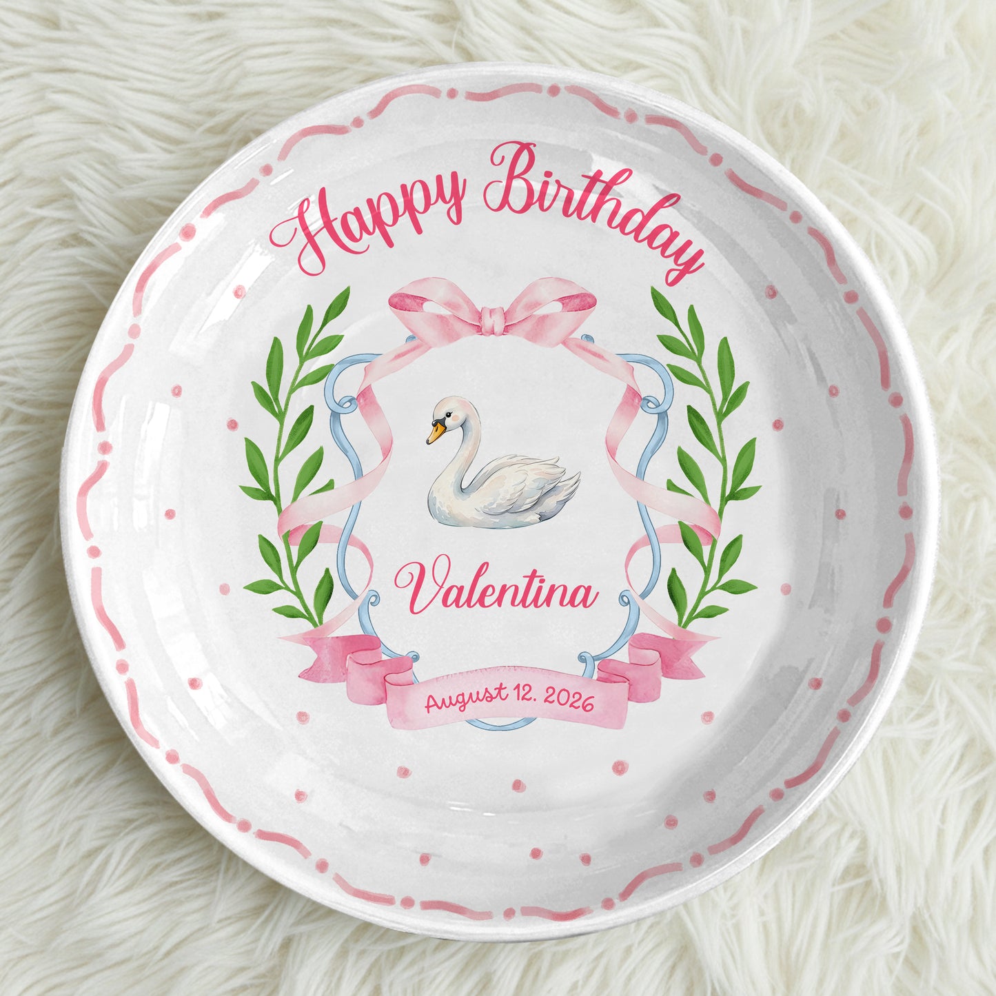 Pink Swan and Bow Personalized Birthday Plate P318OF20