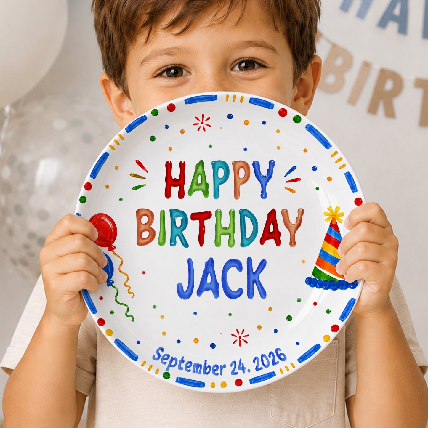 Colorful Balloon and Party Hat Birthday Personalized Birthday Plate P528XA40