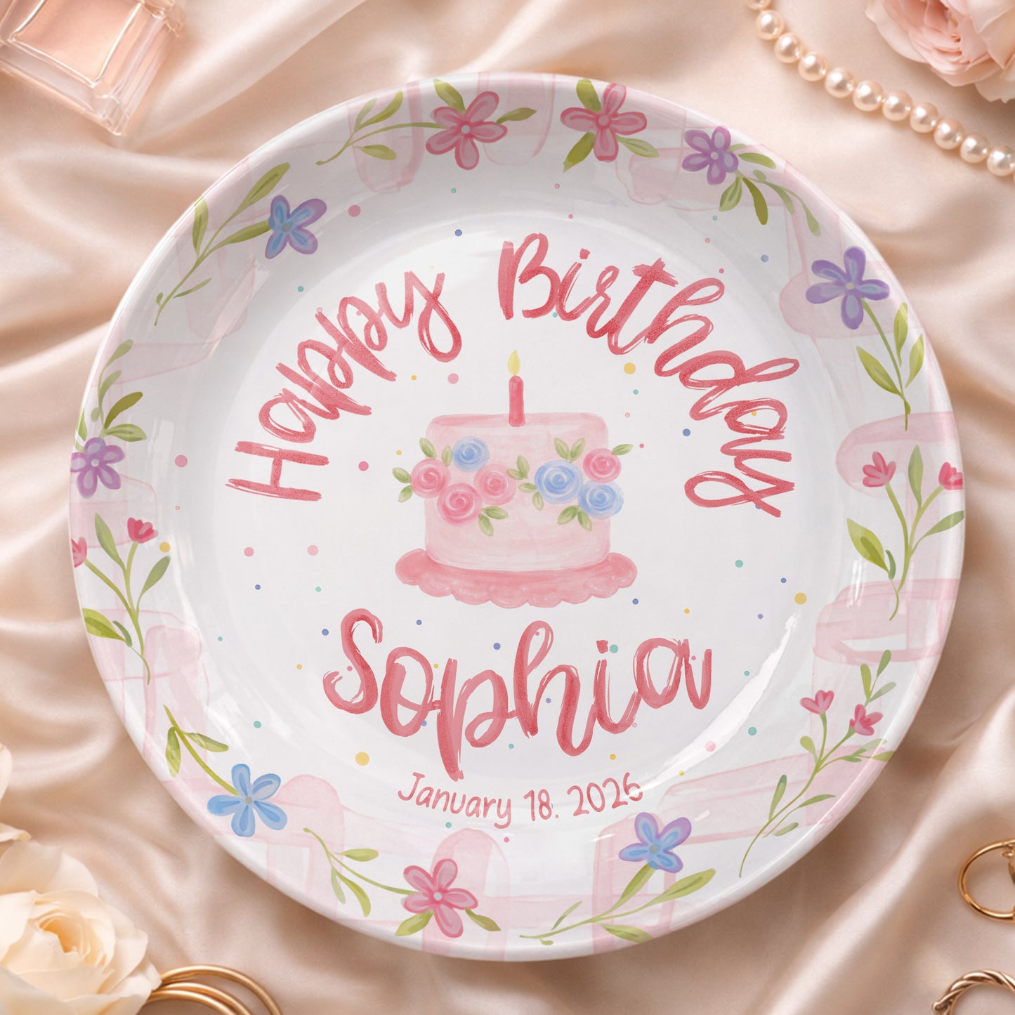 Floral Cake with Blush Border Personalized Birthday Plate P29SK70