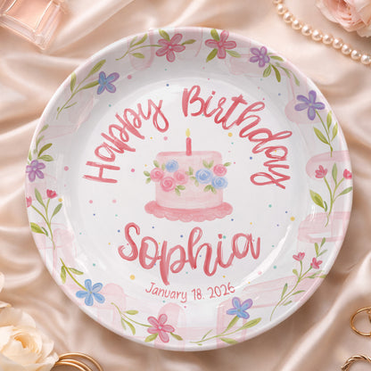 Floral Cake with Blush Border Personalized Birthday Plate P29SK70