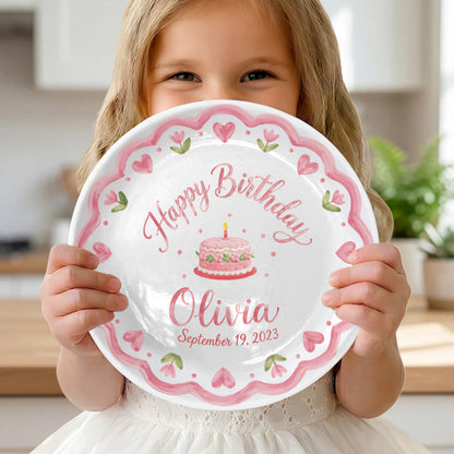 Pink Scallop Heart Border with Floral Birthday Cake Personalized Birthday Plate P415VCJ0