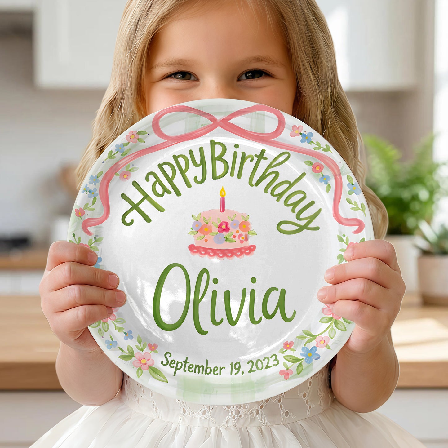 Pink Bow with Green Floral Border and Birthday Cake Personalized Birthday Plate P4156TV0