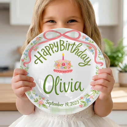 Pink Bow with Green Floral Border and Birthday Cake Personalized Birthday Plate P4156TV0