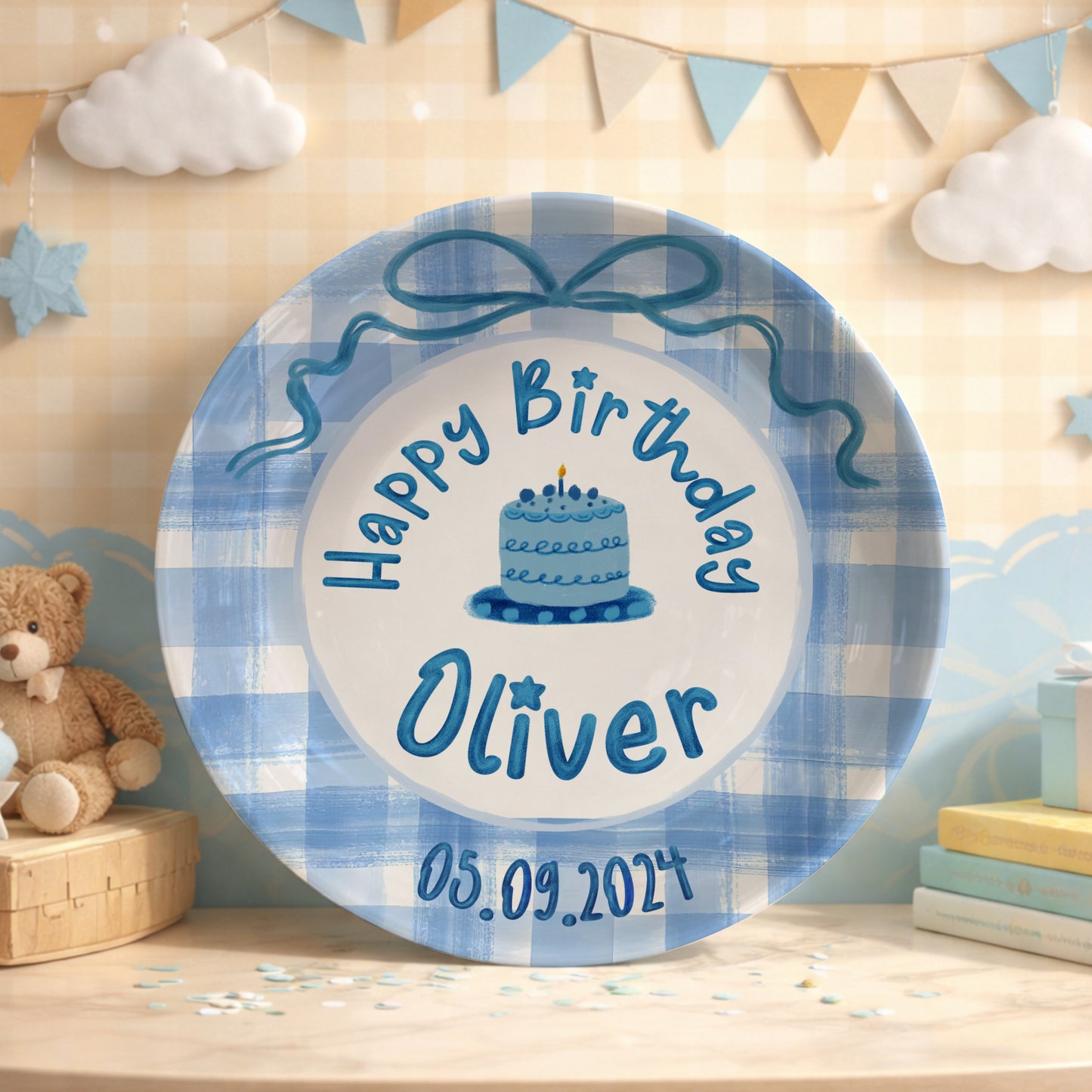 Blue Gingham Bow Personalized Birthday Plate P41V3P0