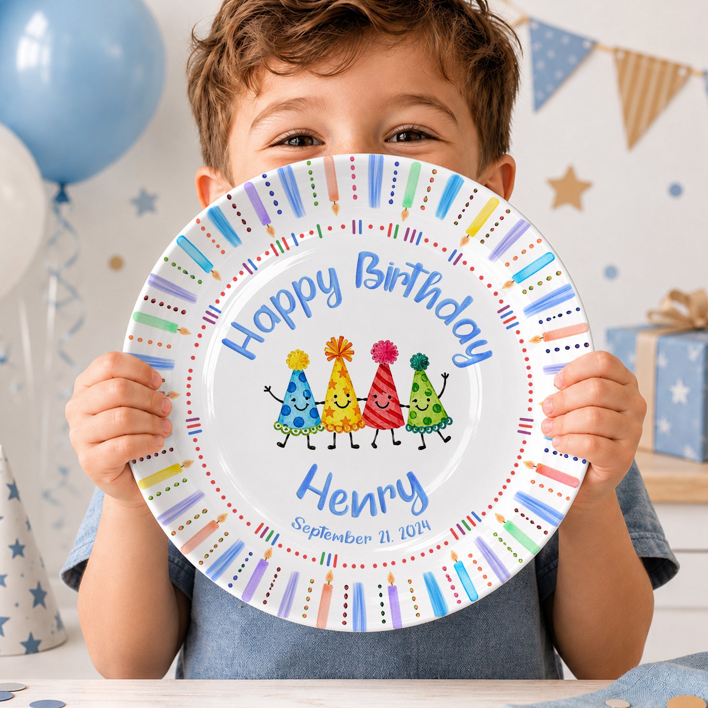 Birthday Hat Candle Border Personalized Birthday Plate P530NCK0