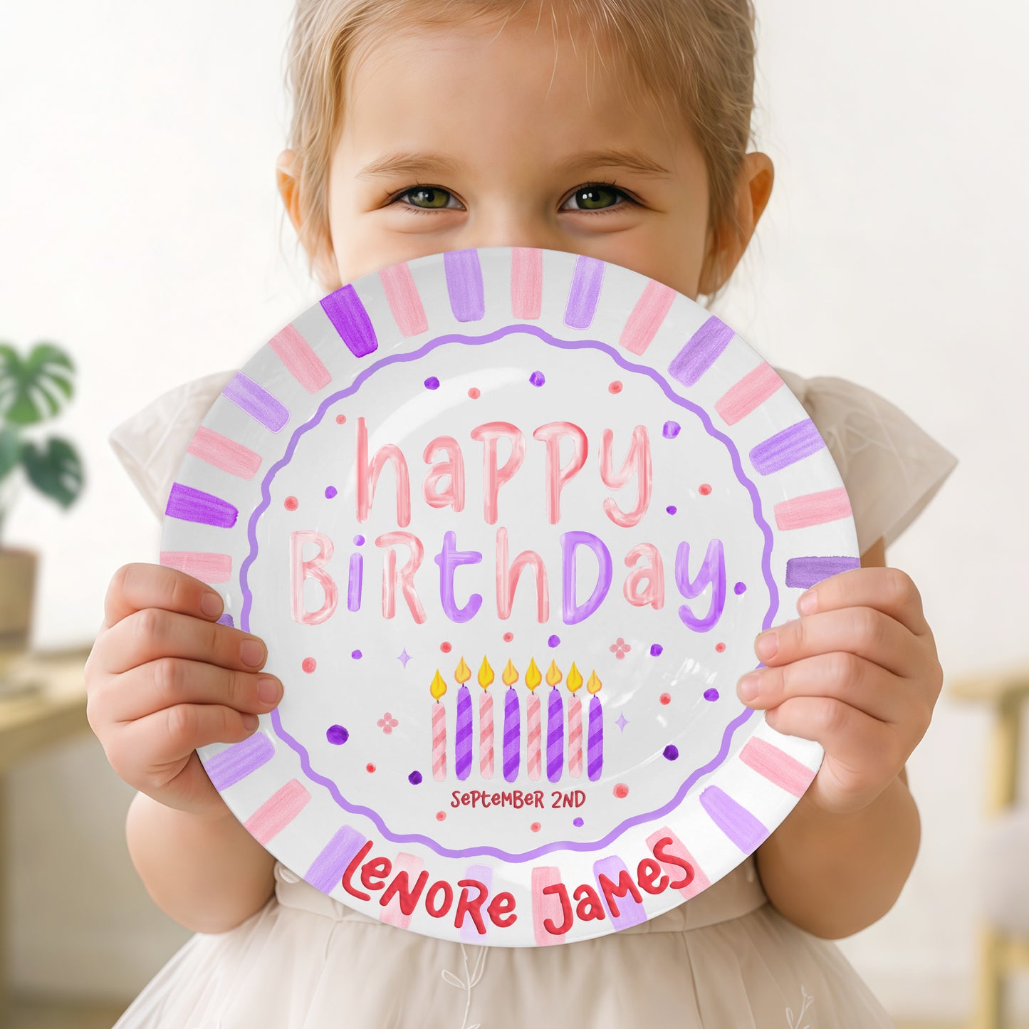 Colorful Candles and Stripes Personalized Birthday Plate D43RCW0a2