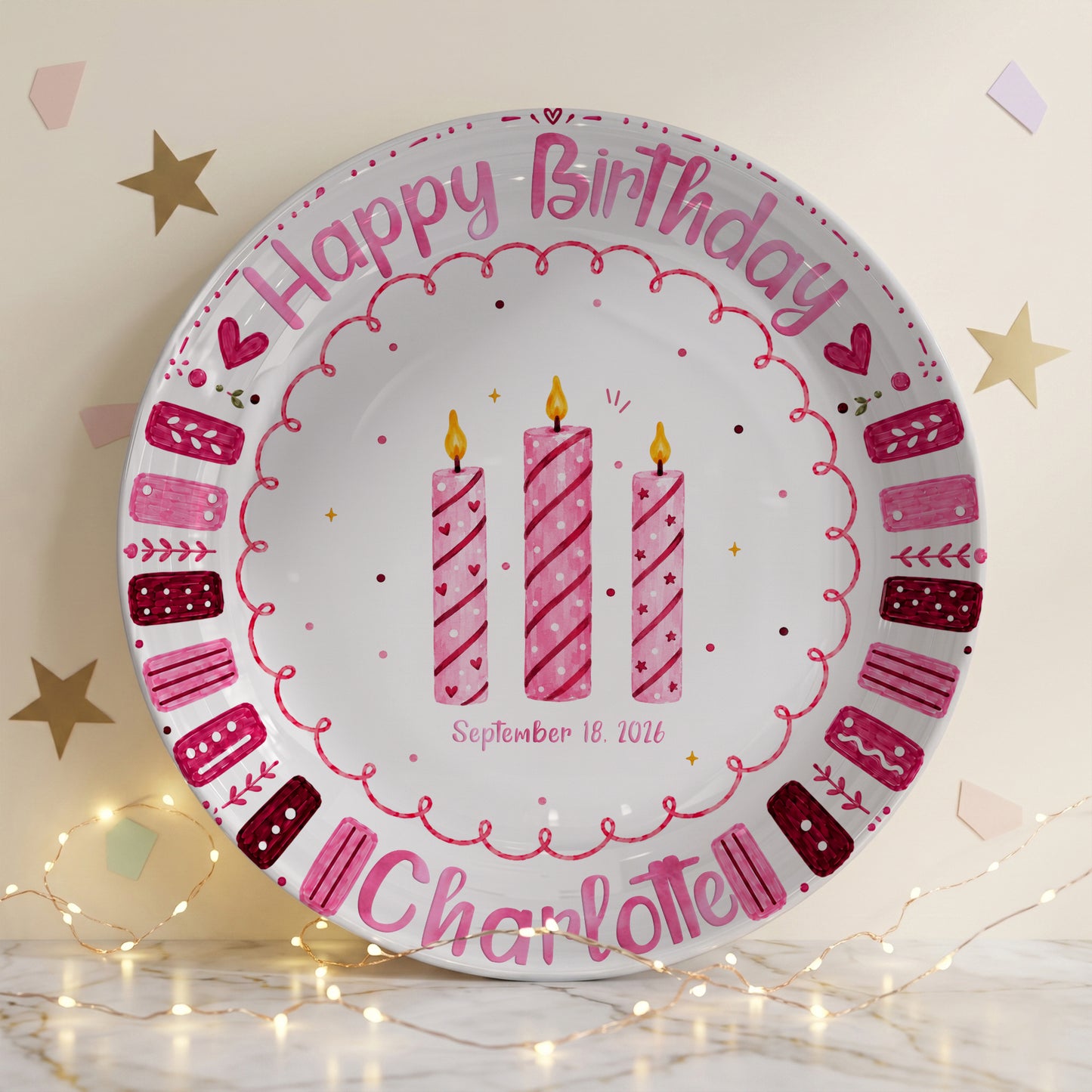 Pink Candle Border with Three Birthday Candles Personalized Birthday Plate P626WXMTT