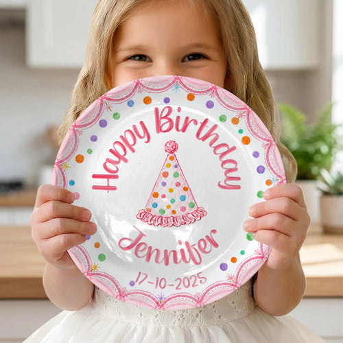 Pink Scallop Border with Colorful Polka Dot & Party Hat Personalized Birthday Plate P5653B0