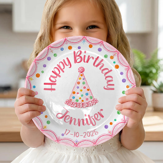 Pink Scallop Border with Colorful Polka Dot & Party Hat Personalized Birthday Plate P5653B0