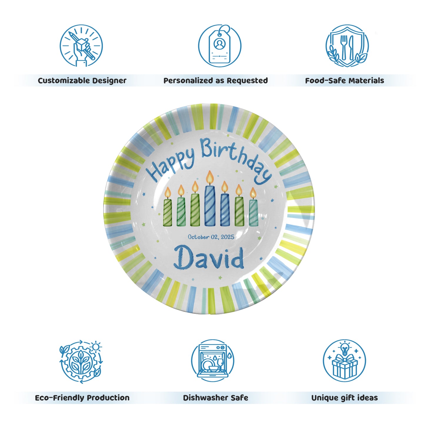 Blue Green Stripe Candle Personalized Birthday Plate for Kids D321PXW0