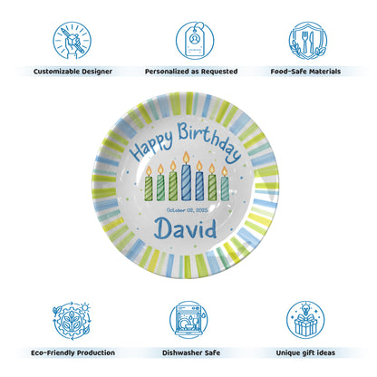 Blue Green Stripe Candle Personalized Birthday Plate for Kids D321PXW0