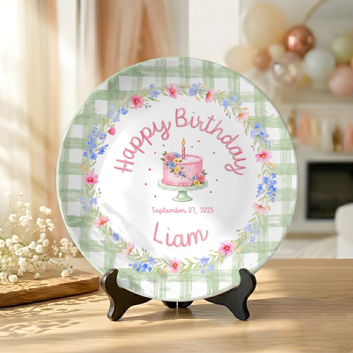 Sage Green Floral Cake Personalized Birthday Plate P331MYL0