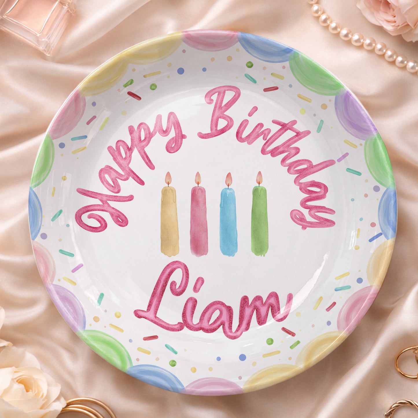 Pastel Candles and Rainbow Border Personalized Birthday Plate P225FQF0