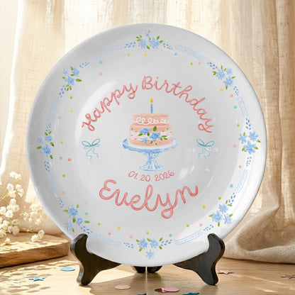 Blue Floral Border with Cake Stand Birthday Cake Personalized Birthday Plate P41CO80