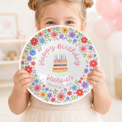 Colorful Floral Cake Personalized Birthday Plate D610EAF0
