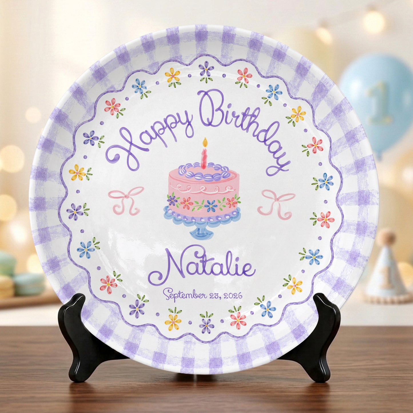 Purple Gingham Floral Birthday Cake Custom Name Keepsake Personalized Birthday Plate Gift P818DTR0