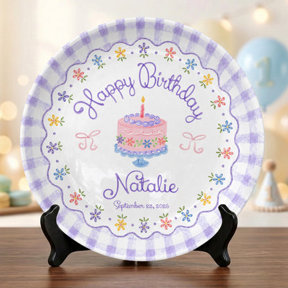 Purple Gingham Floral Birthday Cake Custom Name Keepsake Personalized Birthday Plate Gift P818DTR0