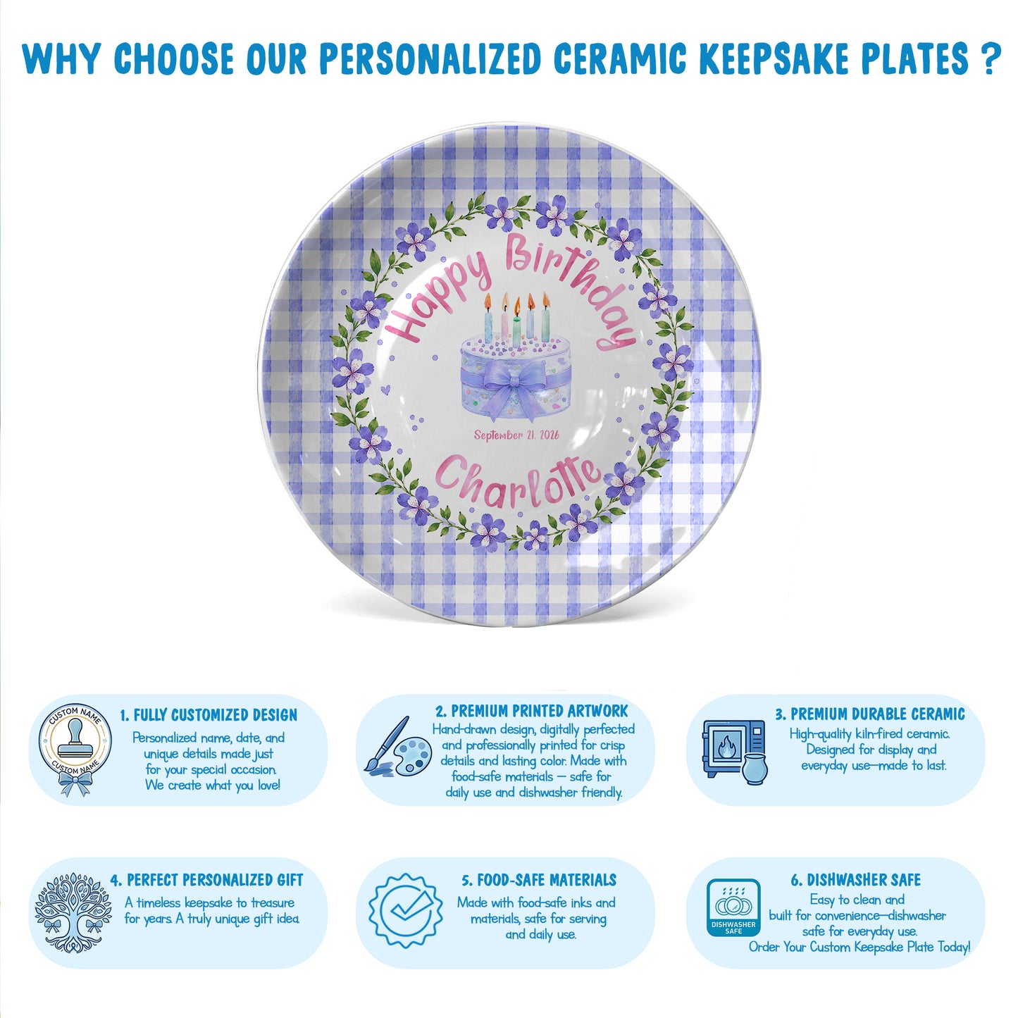 Purple Gingham Border with Floral Wreath Personalized Birthday Plate P624NIV0