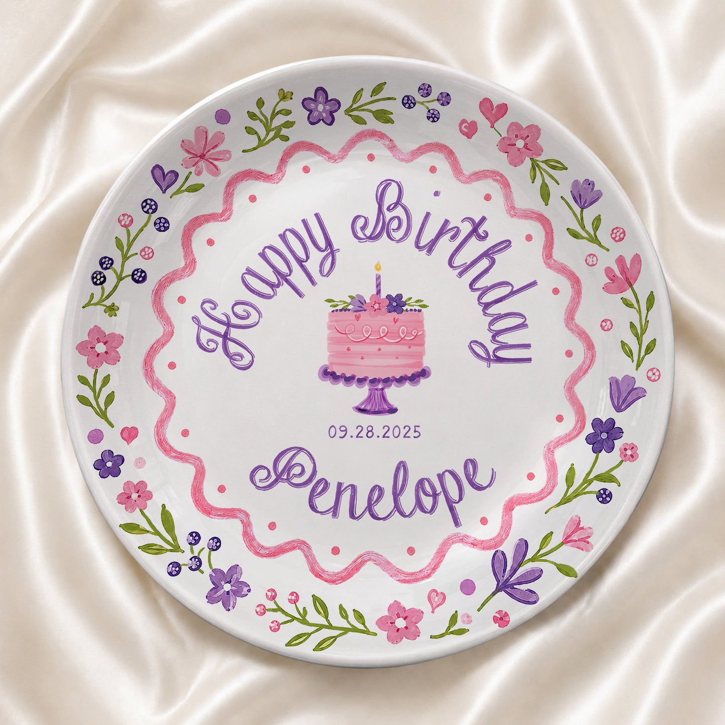 Floral Cake First Birthday Custom Name Keepsake Personalized Birthday Plate P826KAY0
