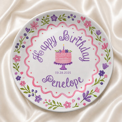 Floral Cake First Birthday Custom Name Keepsake Personalized Birthday Plate P826KAY0