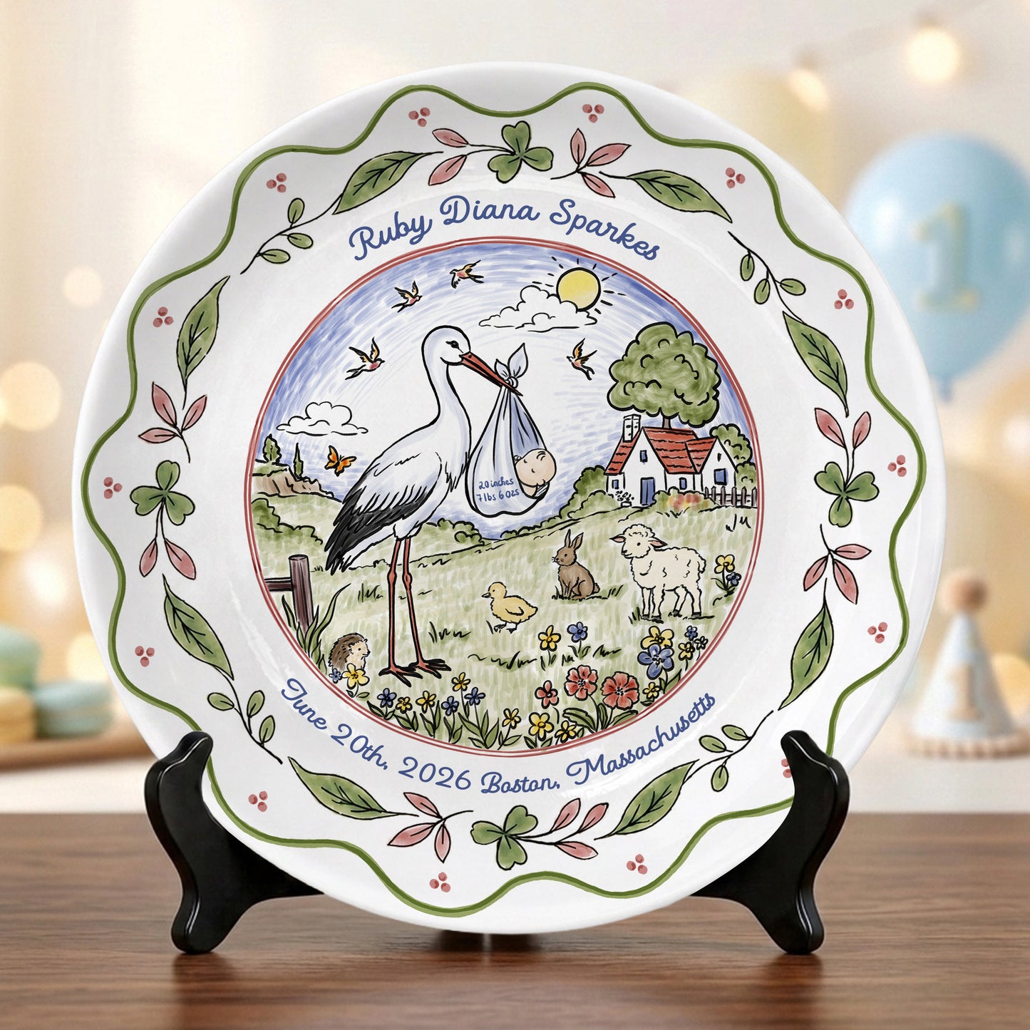 Stork Baby Birth Stats Nursery Keepsake Gift Personalized Birthday Plate P825DLK0