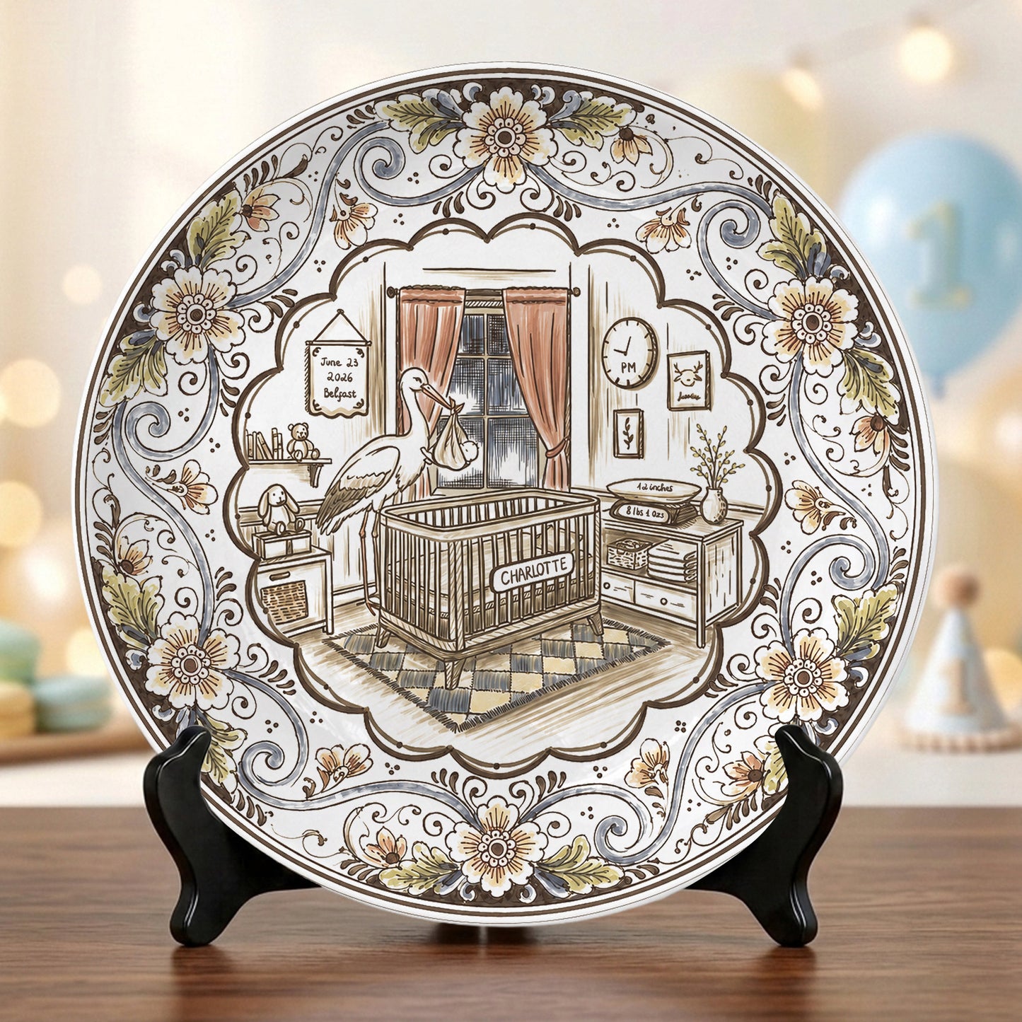 Vintage Floral Newborn Birth Stats Custom Name Ceramic Personalized Birthday Plate P820YFH0