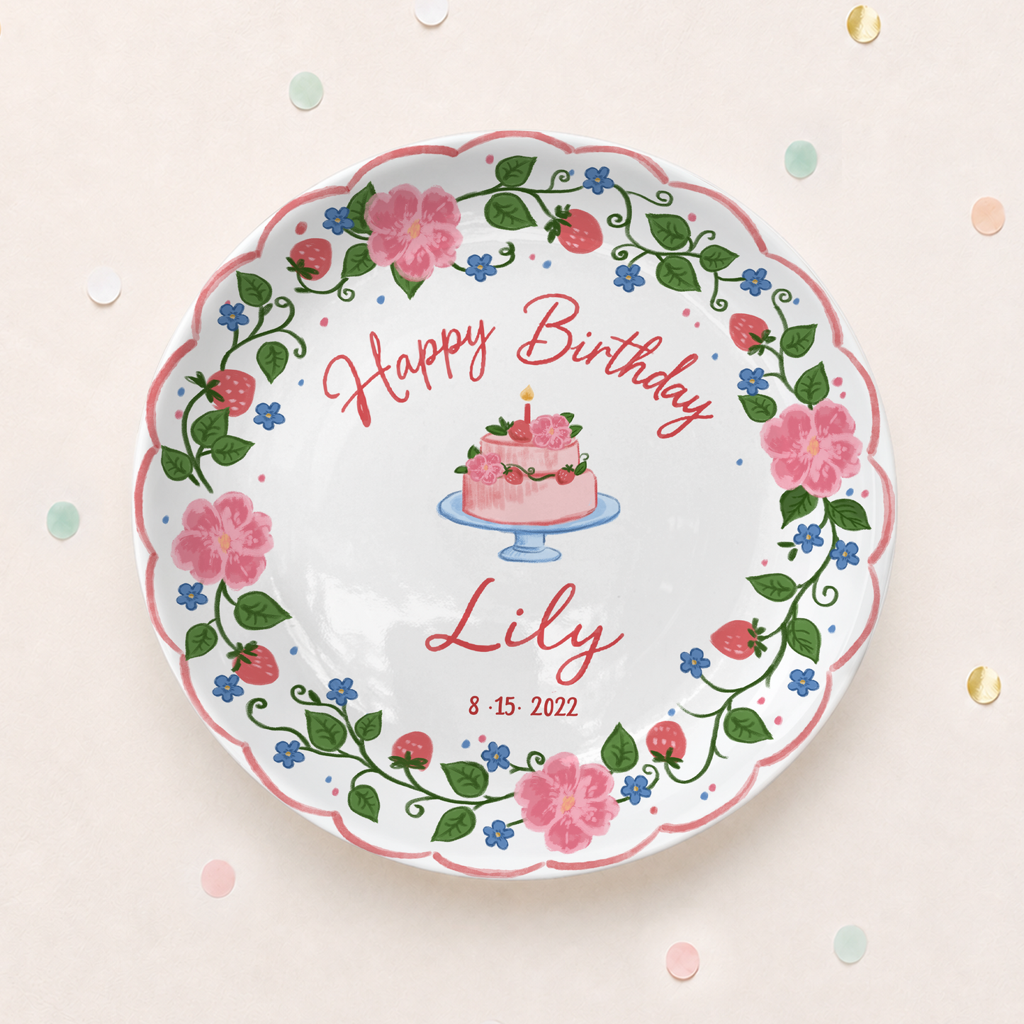 Strawberry Floral Cake Personalized Birthday Plate P5140W50